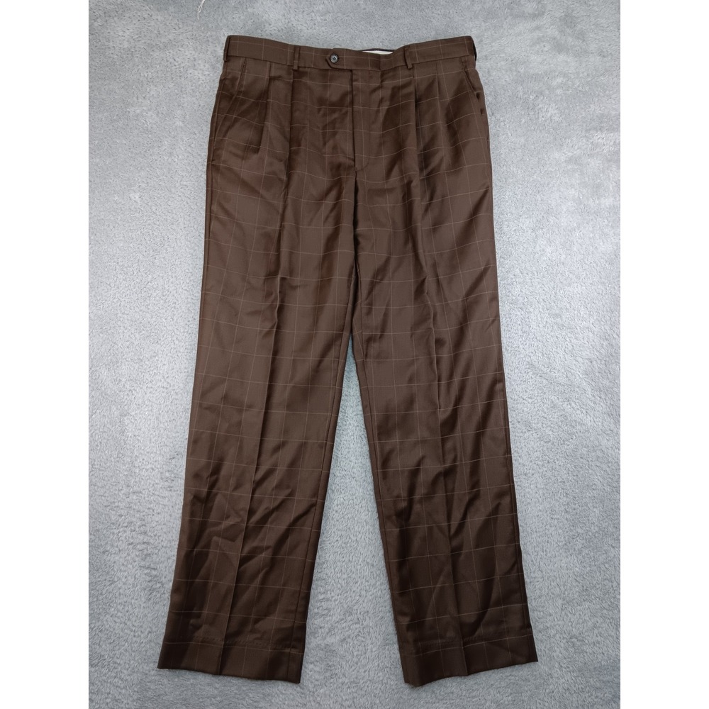 Paul Fredrick Pants Men 38x34 Brown Wool Windowpane Plaid Pleated Dress